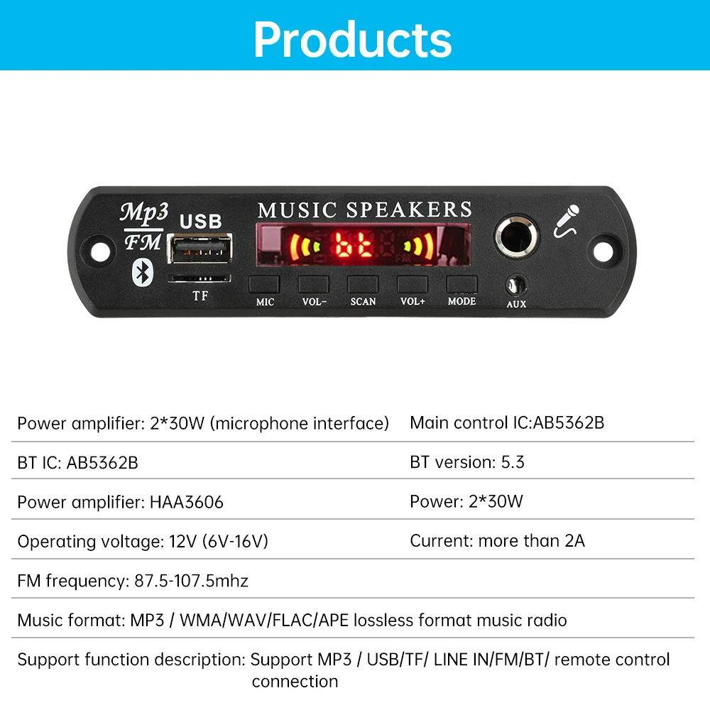 Placa decodificadora de áudio bluetooth dc6 ~ 16v, reprodutor de mp3, 2*30w, amplificador de áudio estéreo de 2 canais, módulo de integração de karaokê para carro