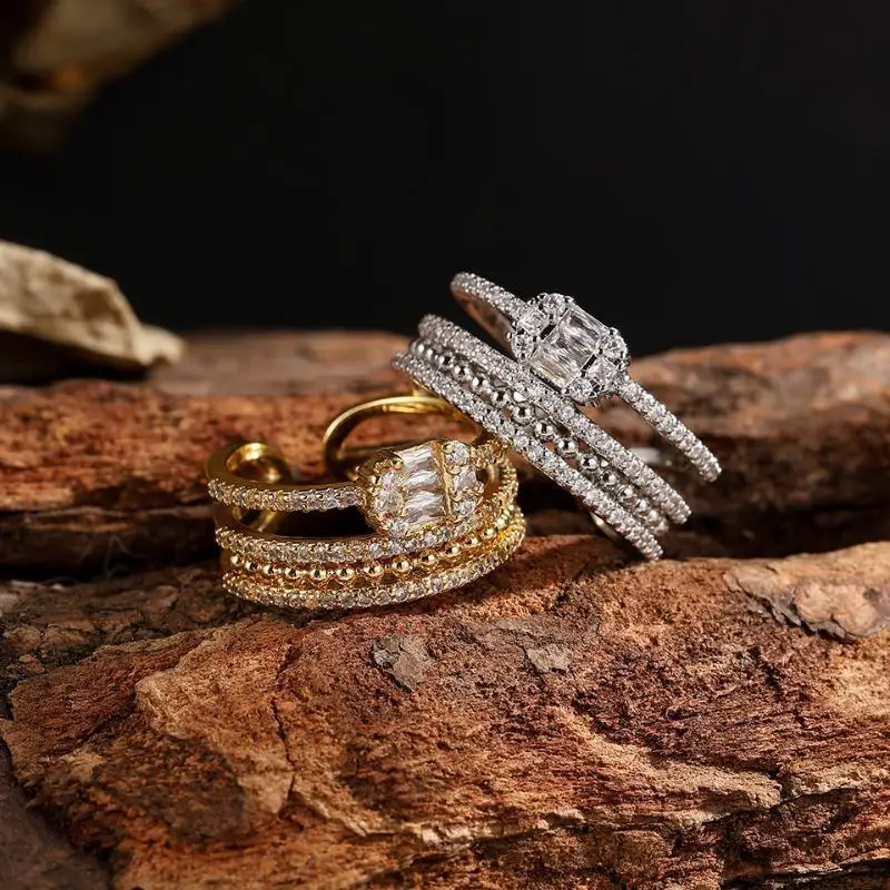 

RAKOL Gold Color Luxury Dubai Cubic Zircon Rings for Women Geometric Multi layered Design Finger Ring Fashion Jewelry