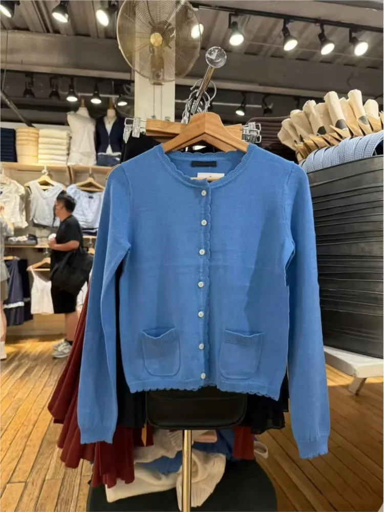 

Blue Sweet Pocket Knit Sweater Coat Women Autumn Lace Trim Neck Button Casual Jumper Tops Cute Fasgion Simple Y2K Chic Cardigan
