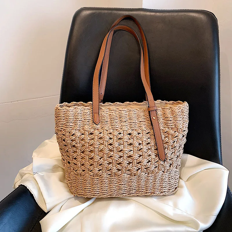 Solid Color Large Capacity Women\'s Beach Vacation Bag Top Handle Grass Woven Tote Bag Summer Basket Handbag