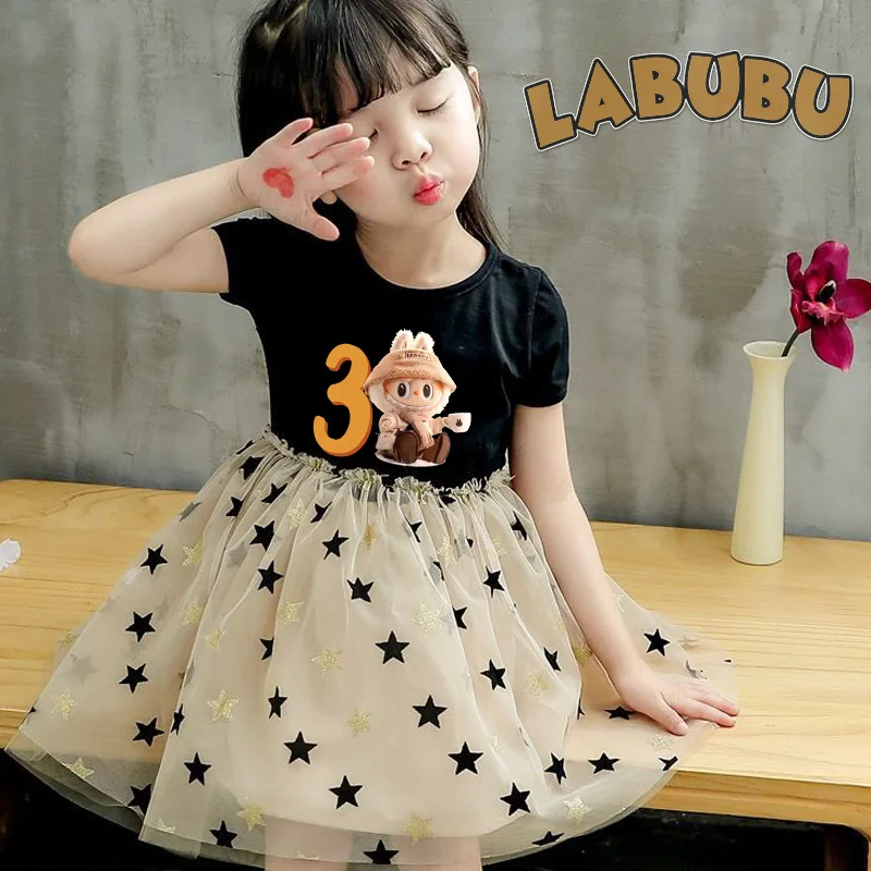 The Monsters Girls Star Lace Skirt Cartoon Child Birthday Party Dresses Kawaii Print Korean Kids Clothes Summer Baby Dress Gifts