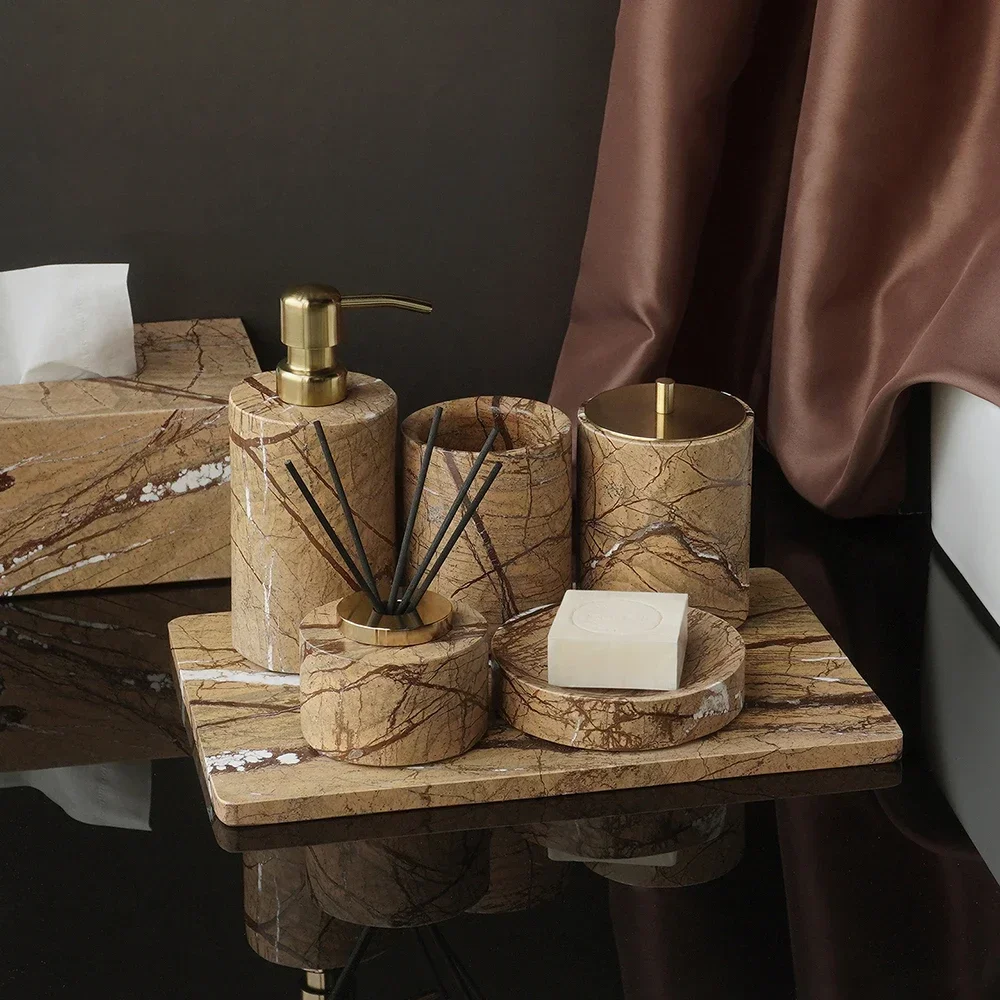 Rainforest Brown Natural Marble Bathroom Set Luxury Soap Holder Soap Dispenser Reed Diffuser Vanity Tray Bathroom Accessories