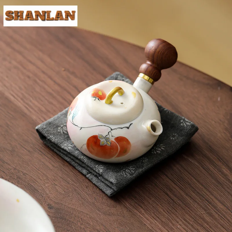 85ml Hand-painted Persimmon Side Handle Teapot Elegant Tea Infuser Pot Tea Soaking Kettle With Ball Hole Cafes Supplies Craft