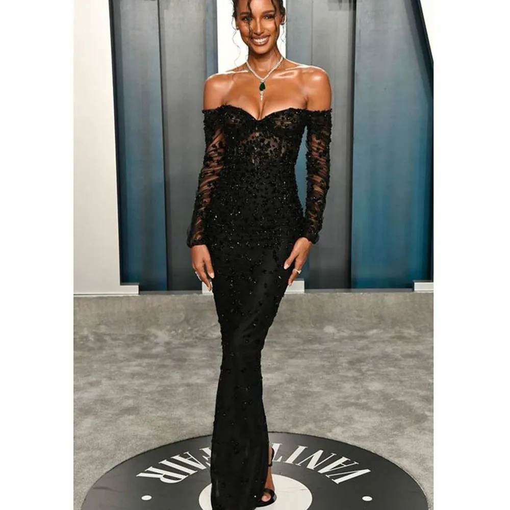 Luxury Sexy Black Evening Party Dresses Sweetheart Full Sleeves Floor Length Trumpet Shiny Lace Women Prom Banquet Gowns