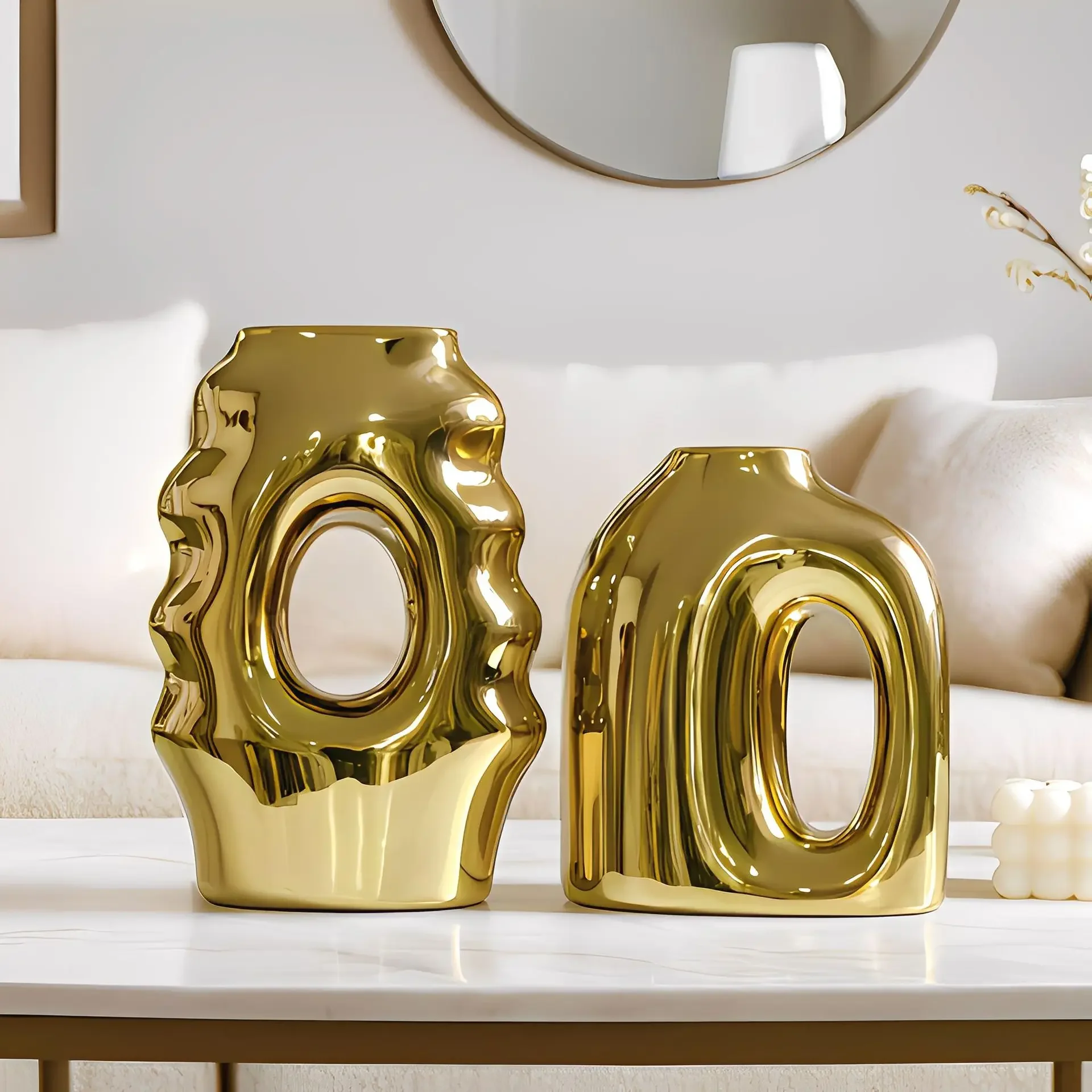 Modern Ceramic Flower Vase Electroplated Home Decor Ornament Mu Chun Craft For Living Room Entrance TV Cabinet Display