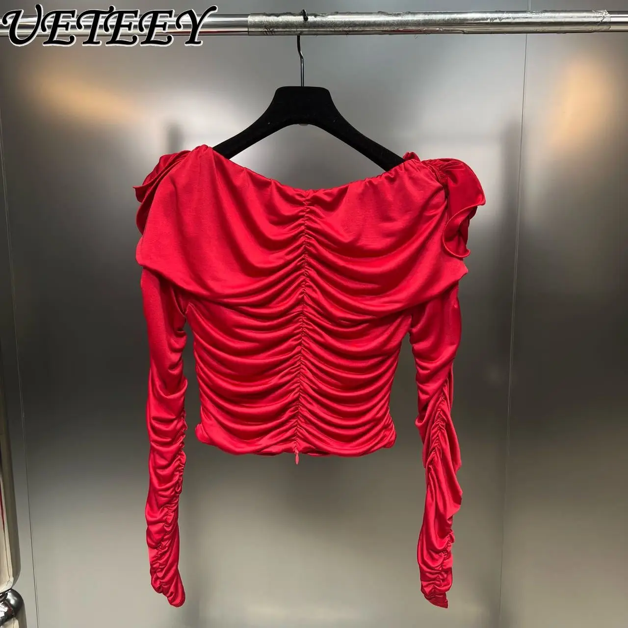 2024 automne nouveau élastique à manches longues 3D Floral à manches longues petit haut taille minceur piste Style minceur noir Blouses pour les femmes