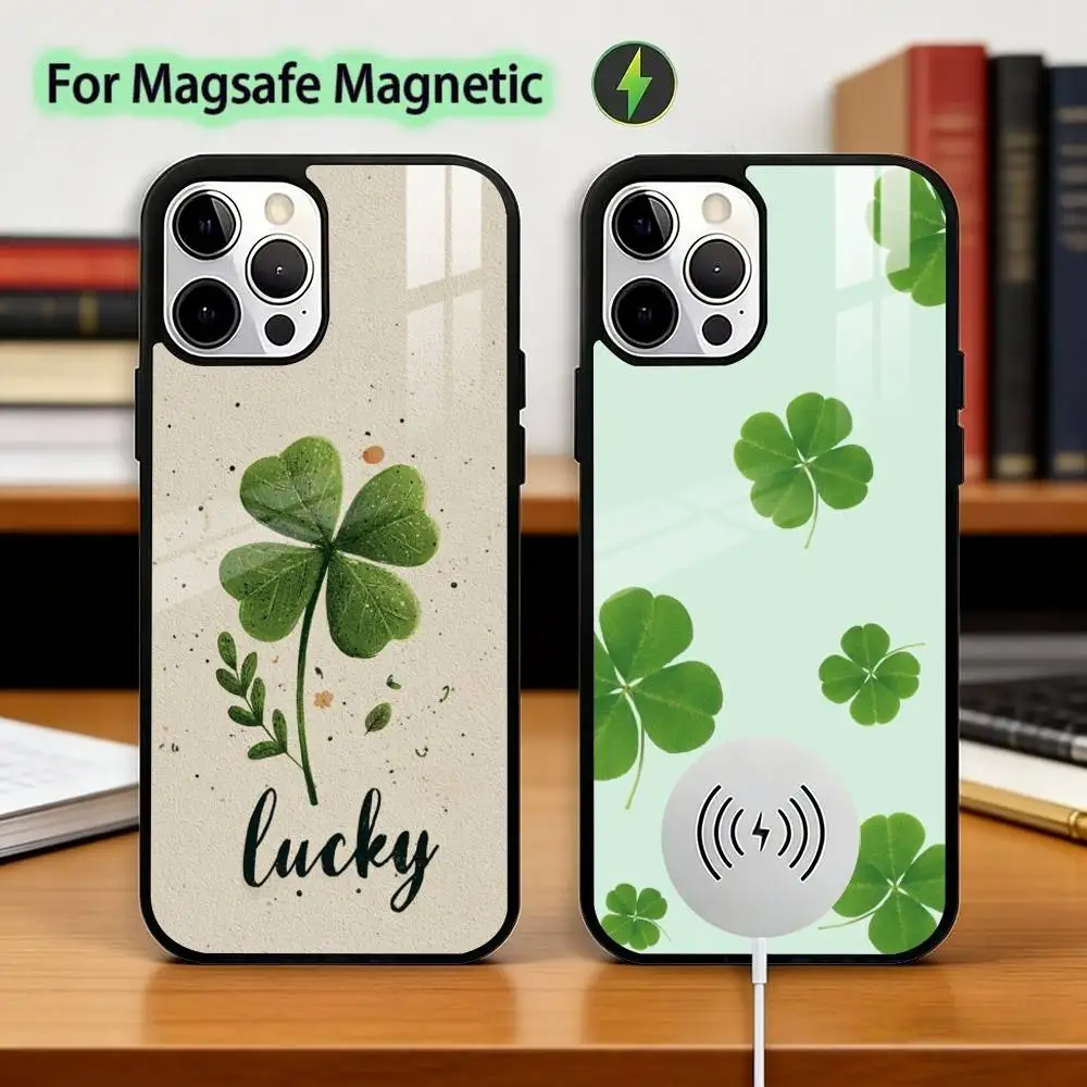 Four Leaf Clover Lucky Phone Case For iPhone17,16,15,14,13,12,11 Plus,Pro Supports Magnetic Wireless Charging