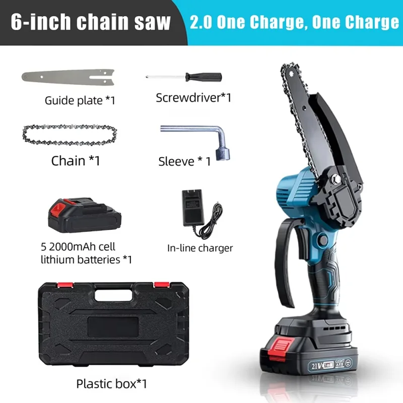 Mini-Kettensäge 6 Zoll mit 2 × 21V Akku, Leistungsstarke Elektrische Kleine Tragbare Kettensäge mit Automatischer Ölschmierung für Einfaches Beschneiden