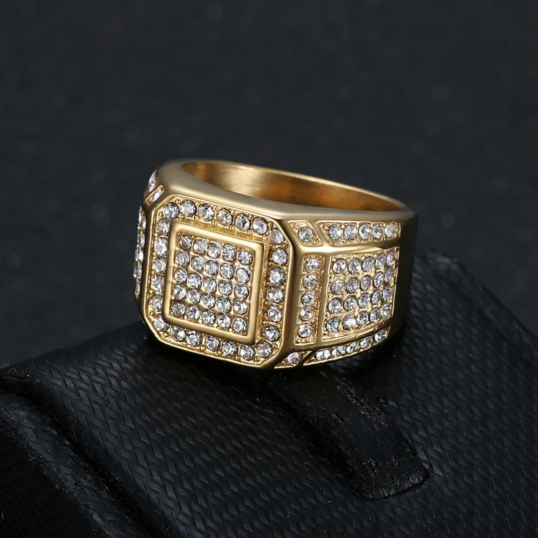 Hip Hop Men's Ring Chunky 16mm Gold Silver Color Stainless Steel Crystal Small Square Rapper Ring for Man Jewelry Dropshipping