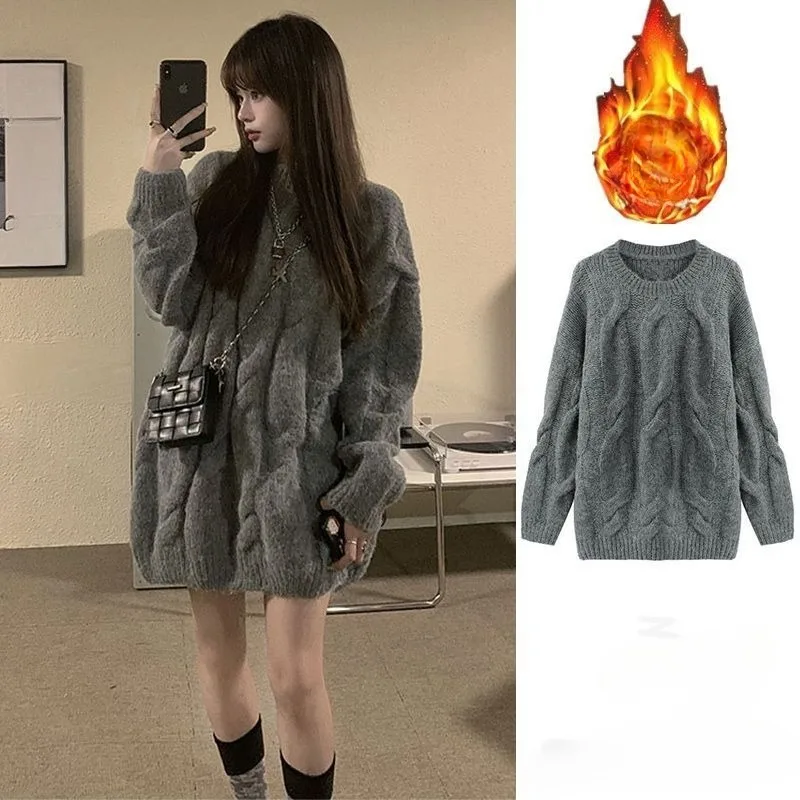 

Women Autumn and Winter Featuring Mid-length Sweater with Thick Twist A New Korean-style Soft and Laid-back Thickened Top for