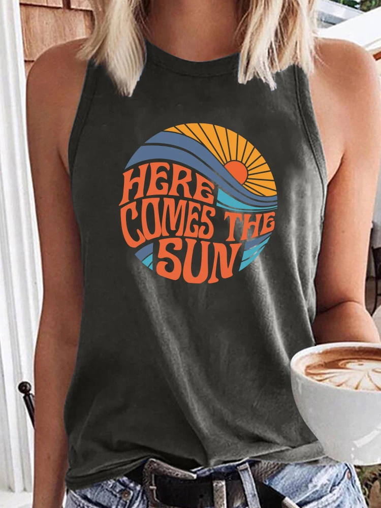 Seeyoushy Here Comes The Sun Printed Funny Women T Shirt Sleeveless ONeck Summer T Shirt Femme Clothes Vintage Graphic Tees Tops