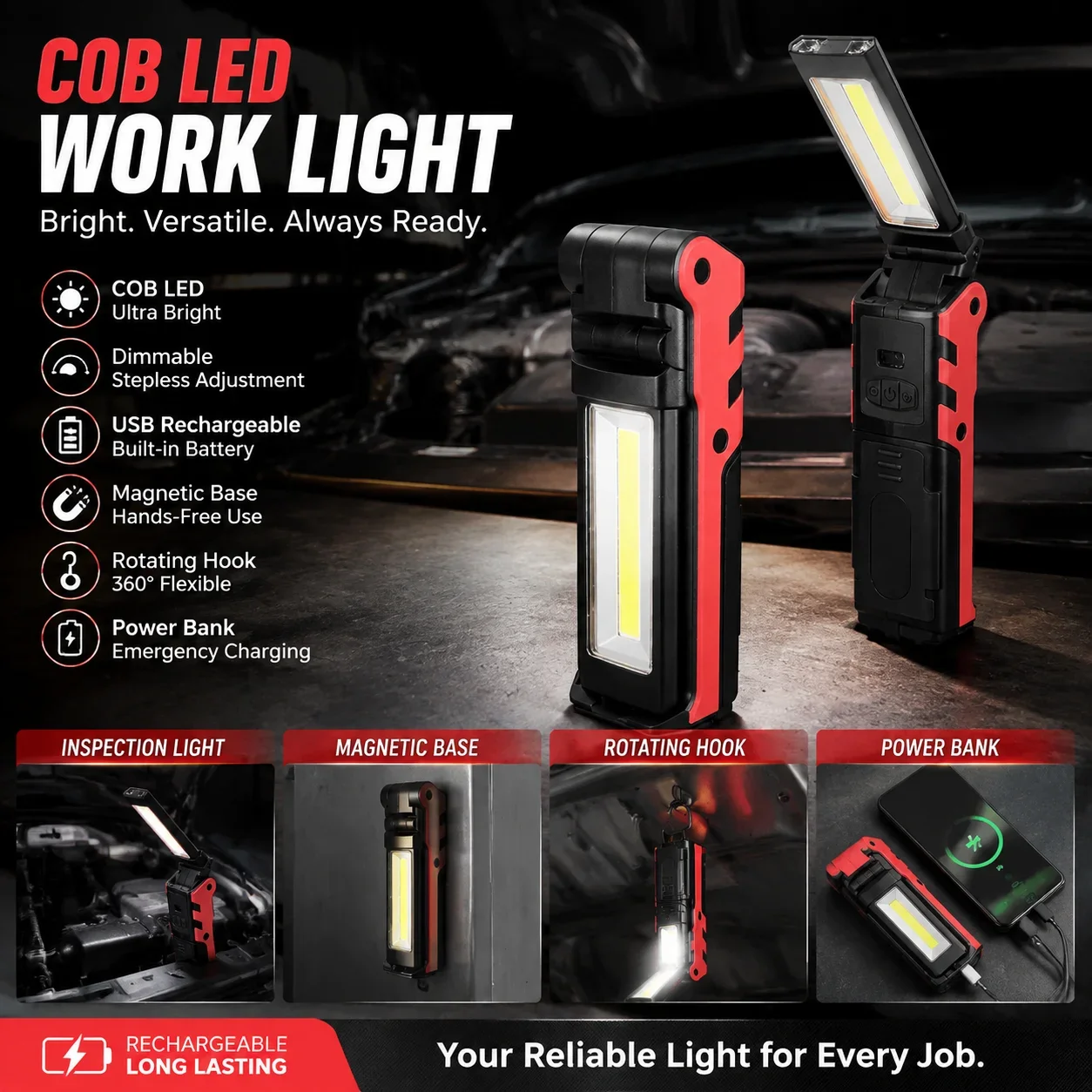 Car Repair COB LED Work Light Dimmable USB Rechargeable LED Flashlight Inspection Lamp With Magnetic Hook Power Bank Torch