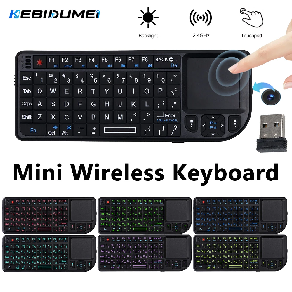 KEBIDU Mini Wireless Keyboard 2.4GHz Backlit Rechargeable Keyboard With Touchpad Infrared Indicator for Android TV Box PC Laptop