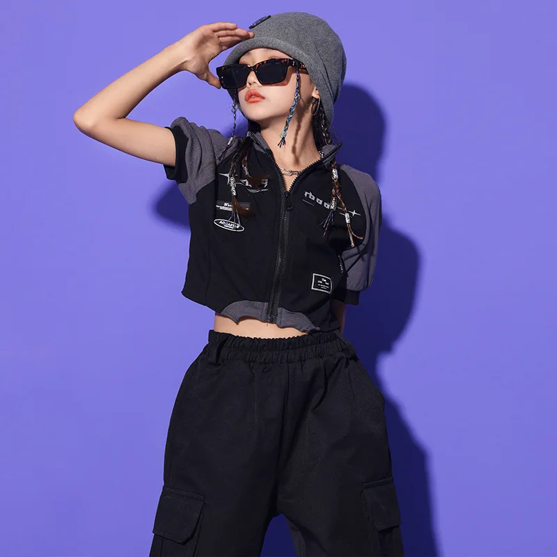 Kid Kpop Hip Hop Clothing Zip UP Crop Top Short Sleeve Shirt Black Casual Cargo Pants for Girls Boys Jazz Dance Costume Clothes