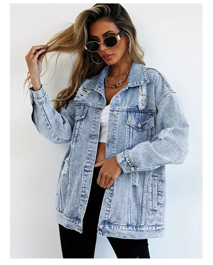 

Super good-looking jacket women's design sense workwear hole breaking trend Harajuku denim jacket