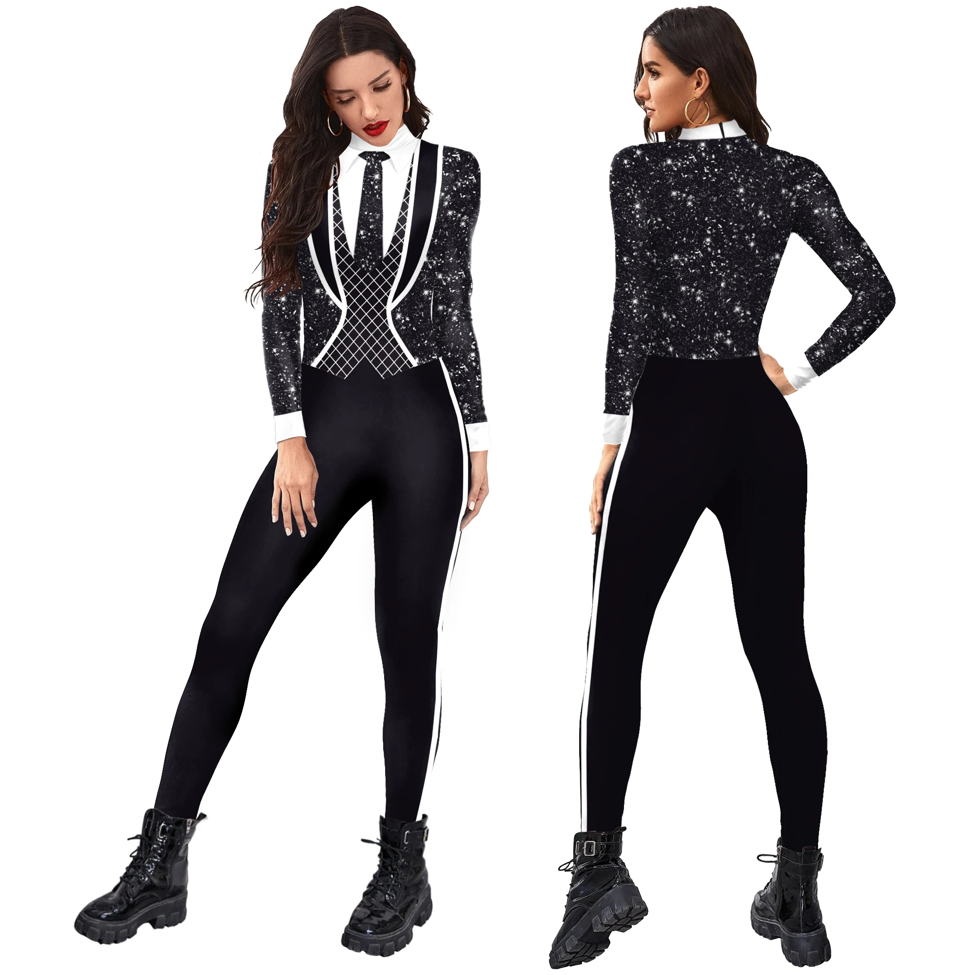 Formal Pants Suit Black and White Printed Spandex Catsuit Cosplay Carnival Party Fake Lapel Tie Zentai Cosplay Jumpsuit Dating