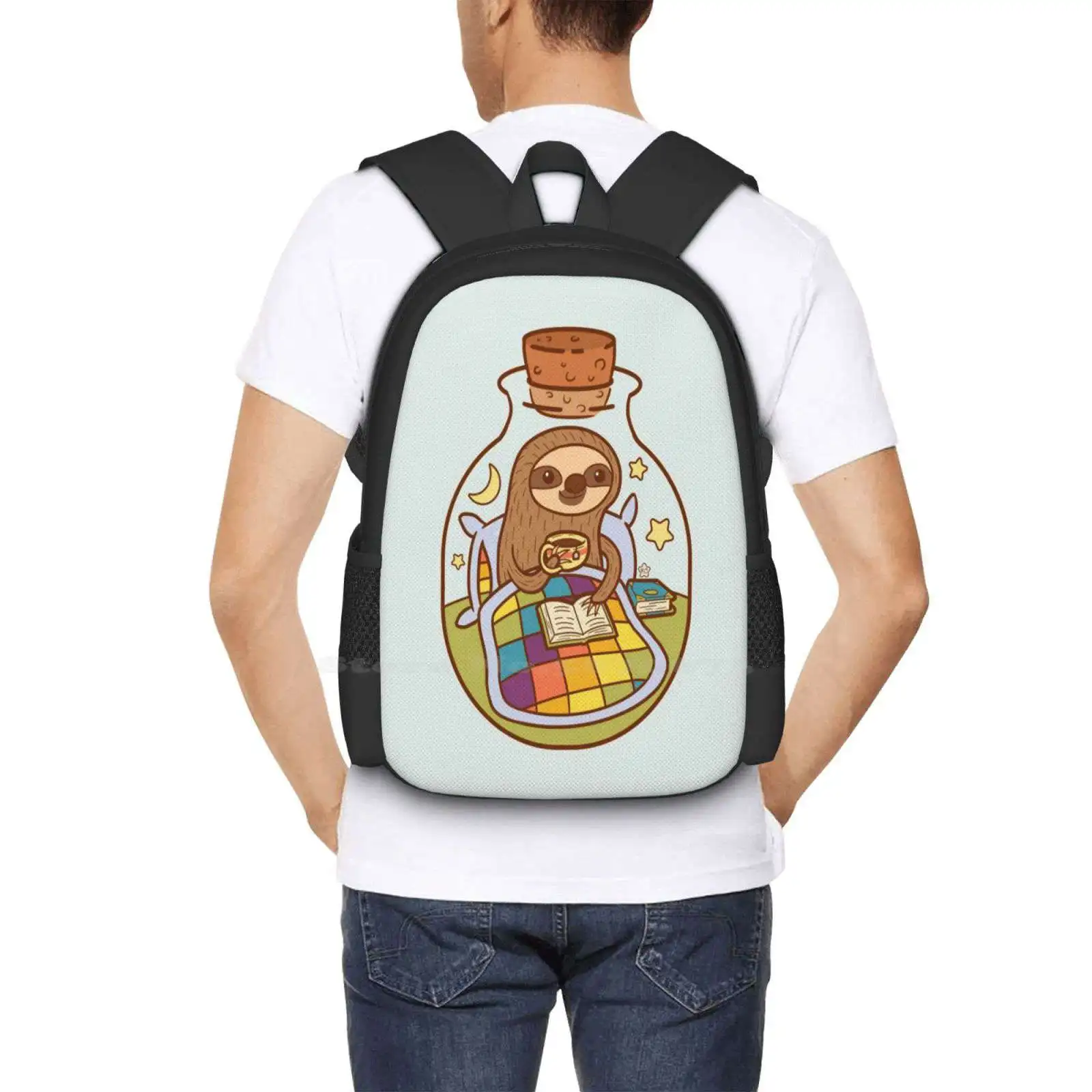 Sloth In A Bottle Hot Sale Backpack Fashion Bags Sloths Moon Stars Bedtime Tea Books Jar Cute Animal Nighttime