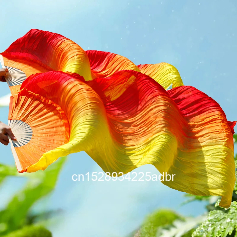 100% Puur Natuurlijke Zijde Fan Sluiers voor Vrouwen Buikdans Prestaties Fan 1 Paar Hot Verkoop Buikdans Gradiëntkleur Zijde Fans