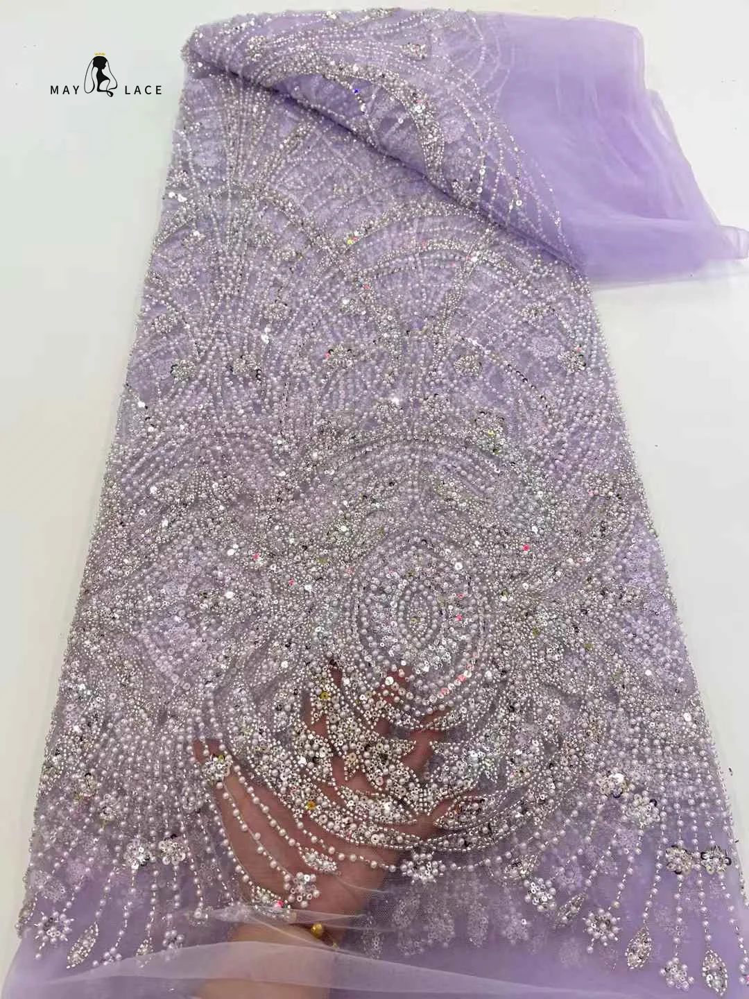 

Nigerian Luxury Beaded Tulle Embroidery Lace Fabric French Heavy Handmade Sequins Net Lace Fabric for Bridal Dress Party Fashion