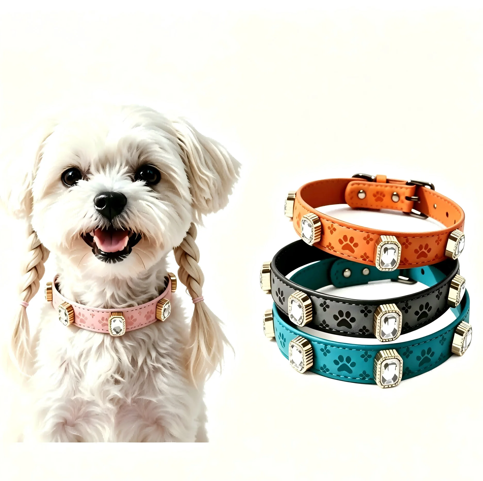 Vintage Paw Embossed Dog Collar Sparkling Crystal Rhinestone PU Leather Pet Necklace For Puppy Dogs