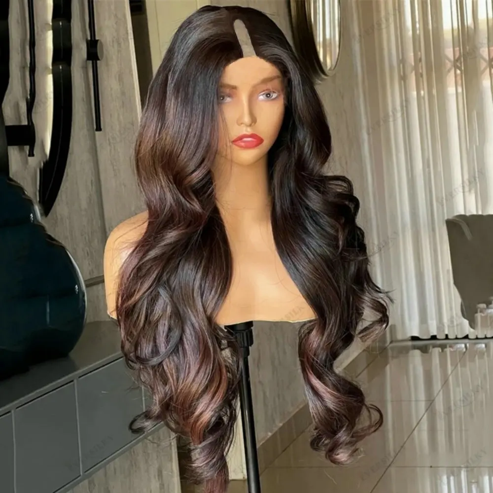 

Long Wave 1x4 Size Middle U Part Wigs Human Hair for Women Chestnut Brown Hightlight Easy Daily Wear V Part Wigs Human Hair