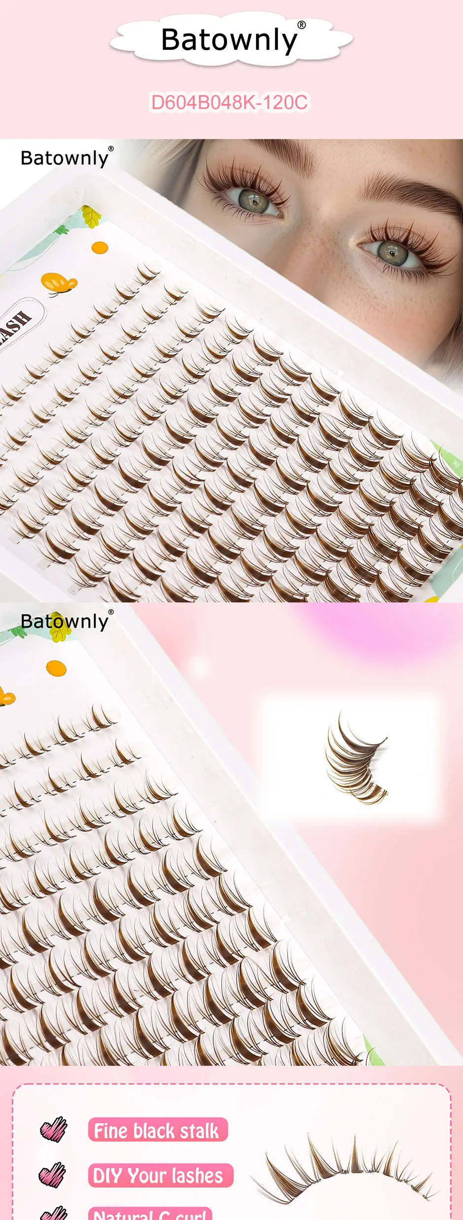 120 braune Wimpern-Büschel, Manga-Wimpernbüschel, spitz zulaufende D-Curl Fairy-Style Wimpernverlängerungen, 8-16mm Anime Einzelbüschel Wimpernverlängerungen, geeignet für DIY-Wimpern-Anfänger – Detail 1