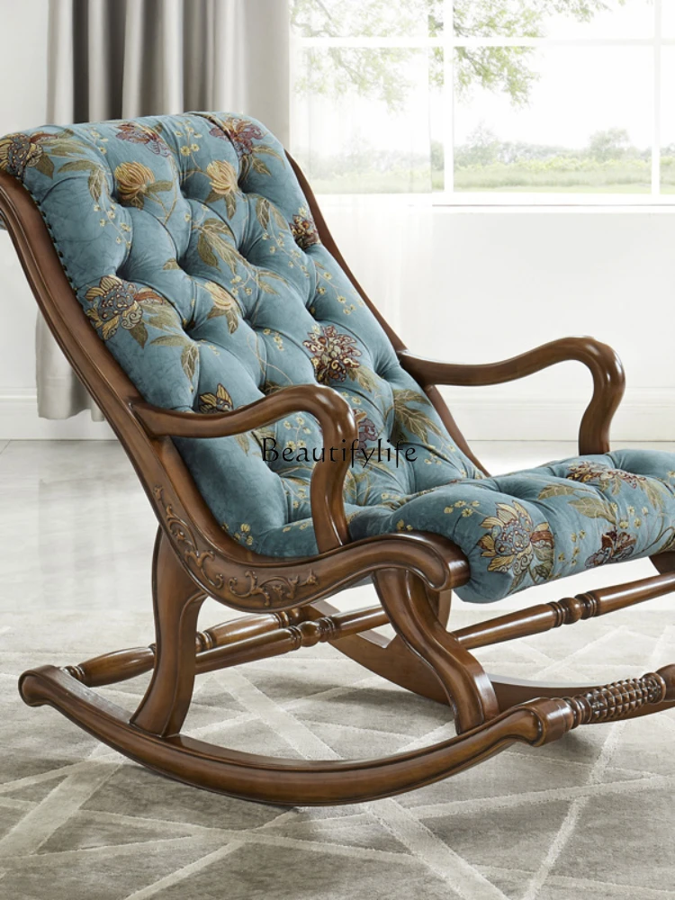 American-Style Solid Wood Rocking Chair Leather Fabric Sofa Pedal