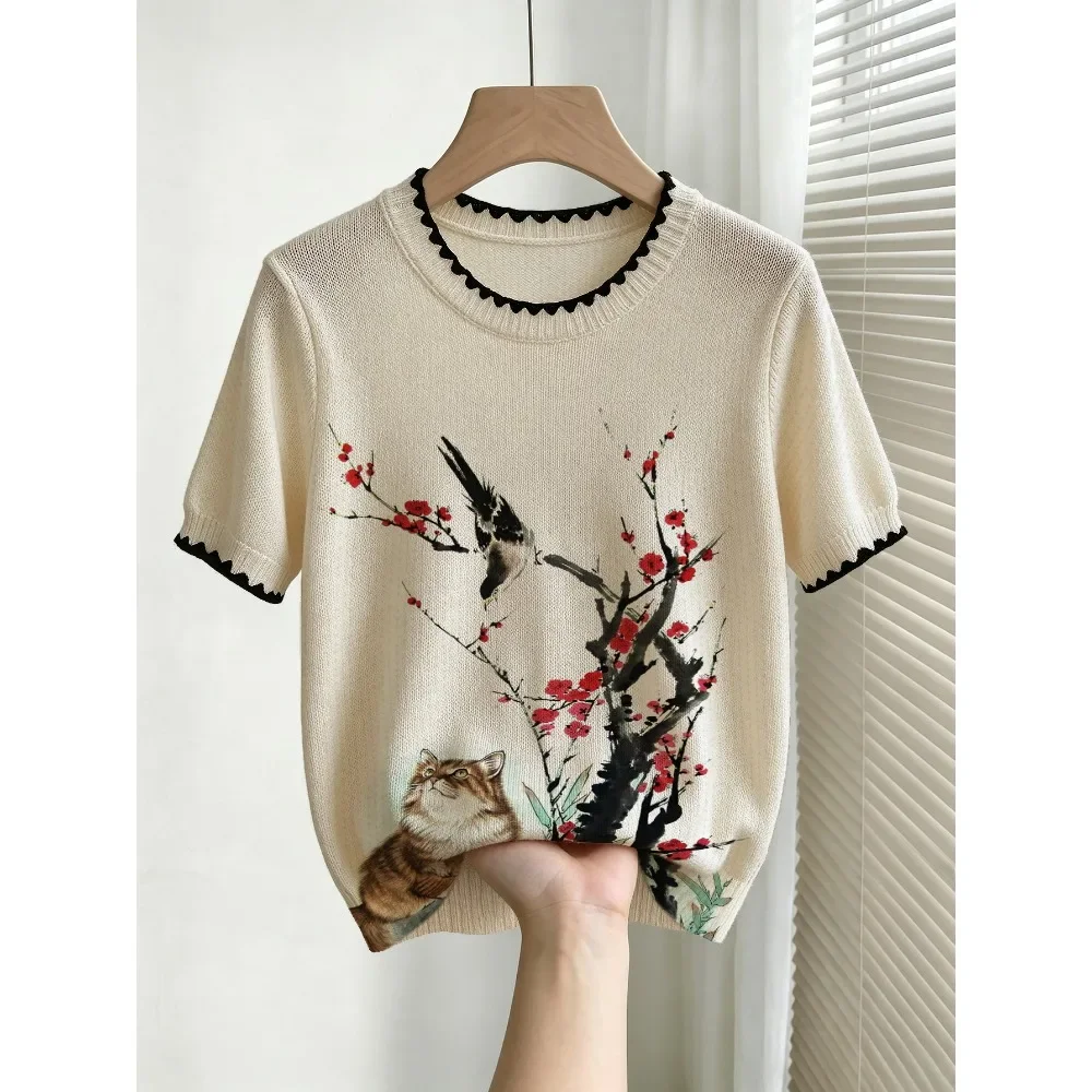 Women Floral Print Round Neck Pullover Short Sleeve Sweater Loose Fit Breathable Soft Flattering Daily Streetwear Comfy