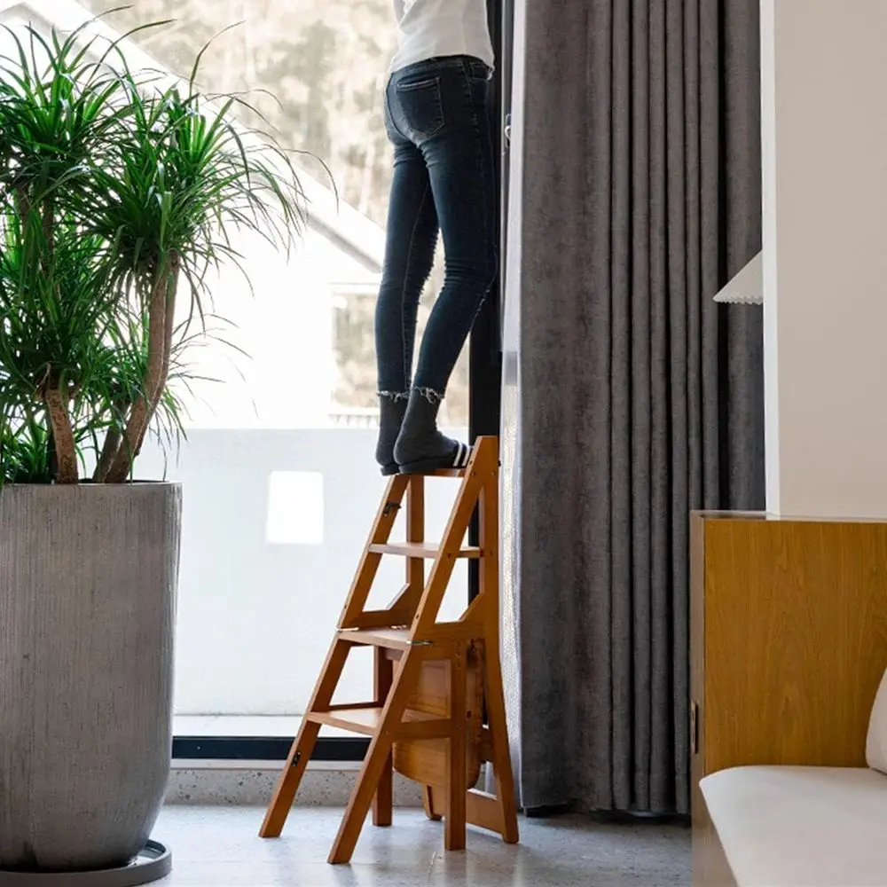 Oliding Step Ladder, Wooden 3-in-1 Ladder Chair, Portable Multi-function Step Stool, 198 lbs Capacity Indoor/Outdoor Display Rac