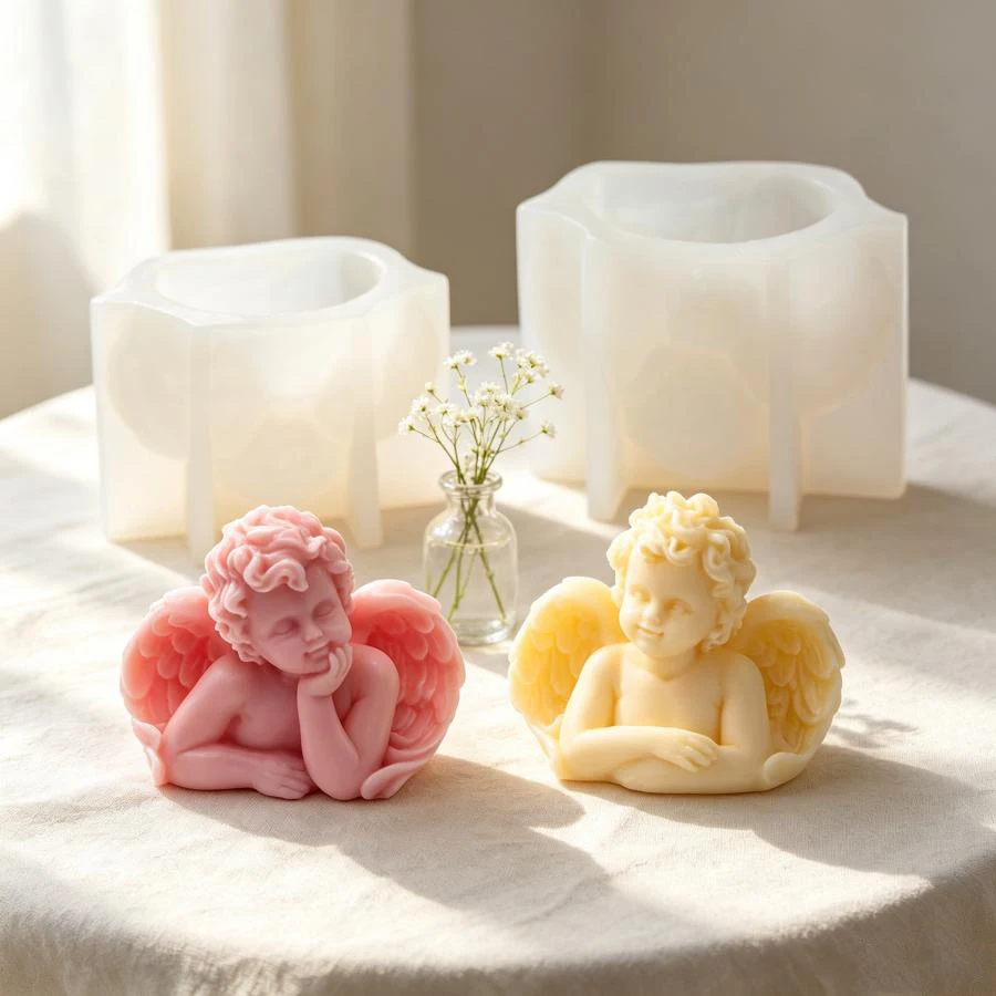 3D Große Engel-Silikonform für Kerzen, DIY Niedliche Flügel-Engel-Baby-Skulptur Gips-Zement-Handwerk Seifenform, Heimdekoration Geschenk