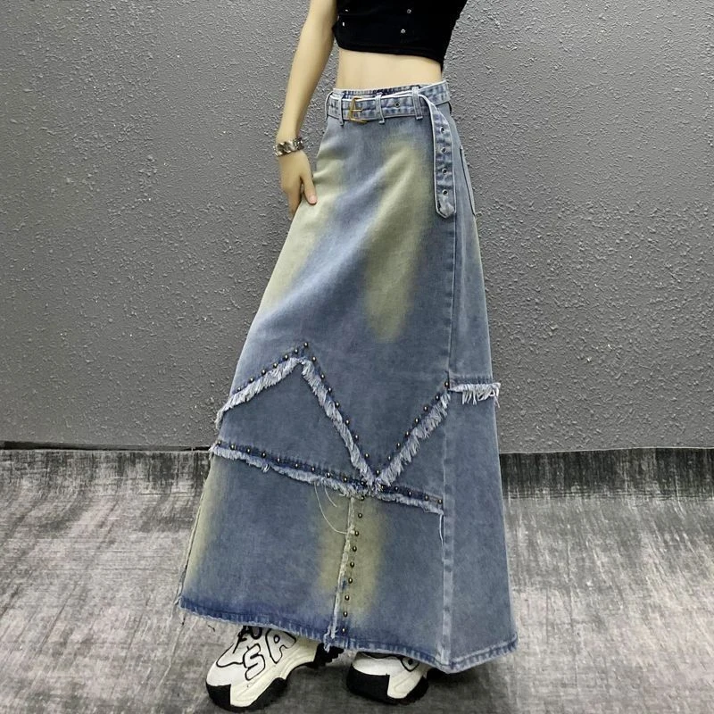 Fashion Personality Patchwork Stud Denim Skirt 2024 New Women\'s Washed Vintage High Waisted Streetwear Oversized A-line Skirt