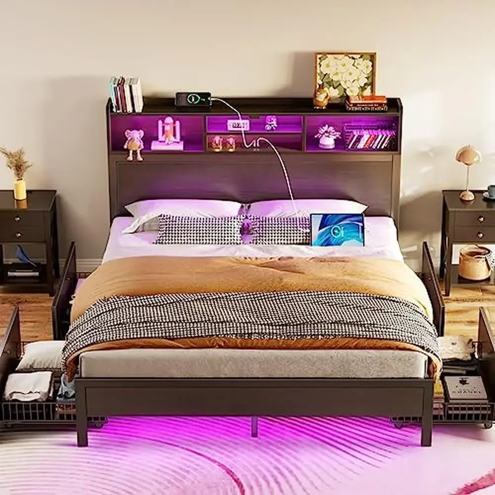 Queen Bed Frame Storage Charging Station LED Multi-color RGB Lights 4 Drawers Bookcase Shelf Headboard USB Type-C Ports Easy