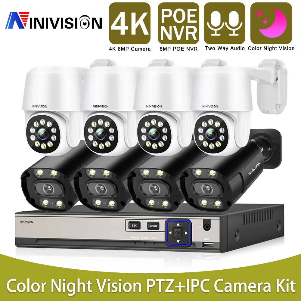 

4K Poe Camera System Video Surveillance Kit Security Camera Ptz Camera IPC Outdoor Two Way Audio Full Color At Night Vision Kits