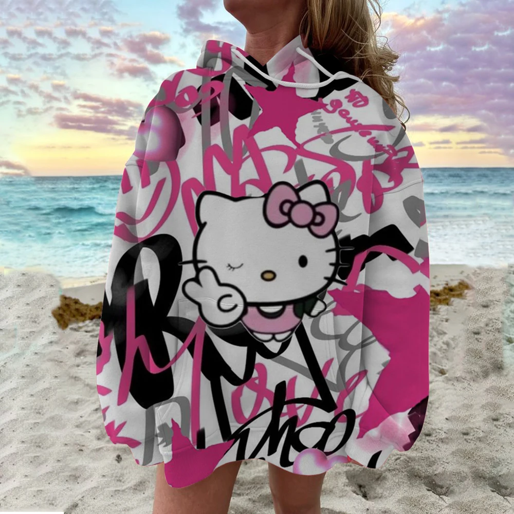 Sweat à capuche à manches longues Hello Kitty Kuromi pour femmes, vêtements de rue, haut Y2K, mode automne