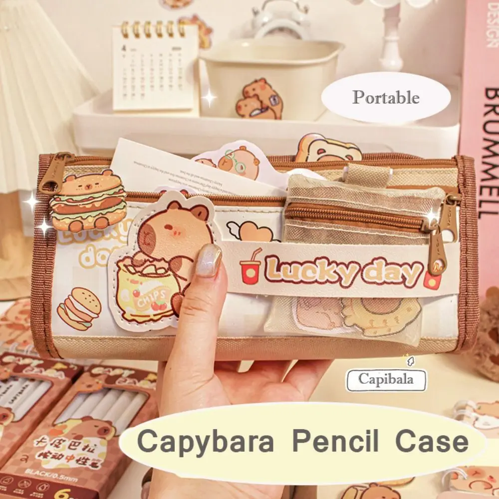 New Canvas Capybara Pencil Case Large Capacity Portable Pencil Box Lightweight with Mesh Coin Bag Pen Bag
