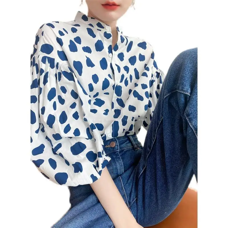 Fashion Polka Dot Loose Blouse Summer New Blue Printing Half Sleeve Button Trend Shirt Tops Temperament Casual Women Clothing
