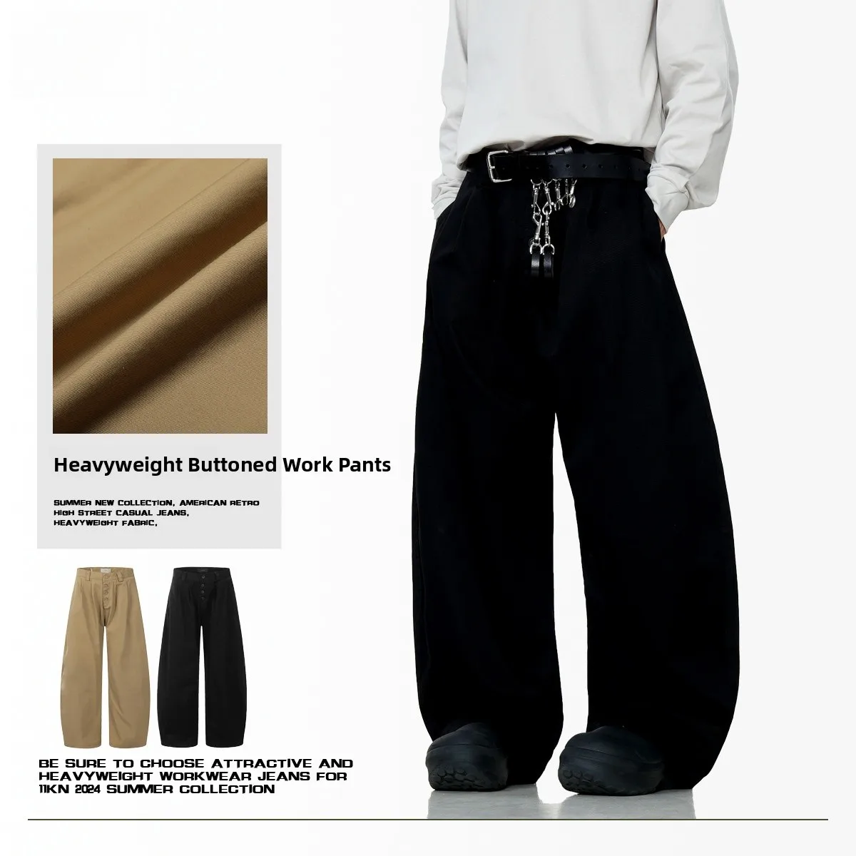 

American High Street Sle Casual Pants Loose Wide Leg Long Trousers Button Detail 3D Tailoring Faionable Urban Cotton