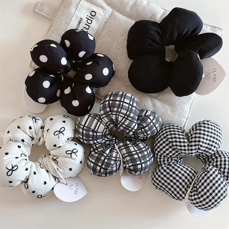 

Черная хлопковая резинка для волос с милым цветочным узором, бантом в горошек и клетчатым узором, новая модель, аксессуар для волос