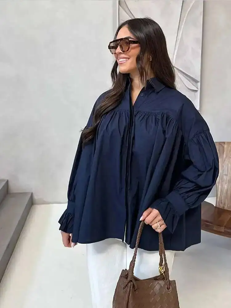 

Fashion Women's Loose Shirts Long Bell-Bottomed Sleeve Pleated Button Turn-Down Collar Lady Blouse Spring Summer Female Top B6ZW