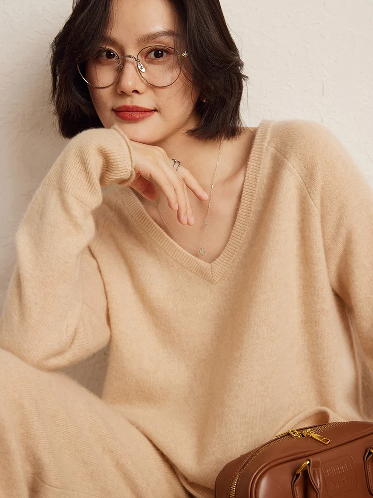 

New Chic Autumn Winter Women's V-Neck Pullover 100% Cashmere Knitted Sweater Luxury Simple Style Soft Solid Color Base Tops