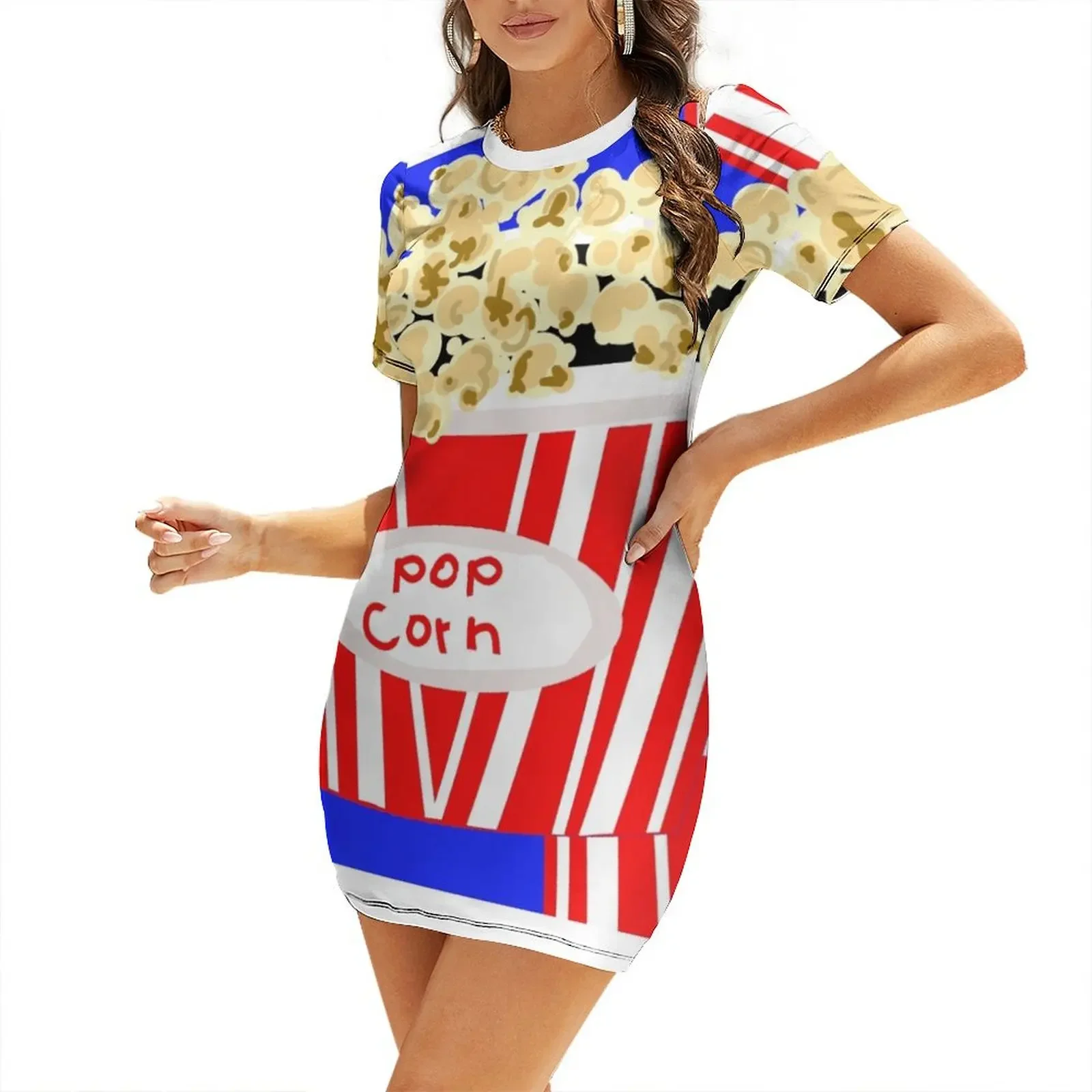 

Retro Popcorn red stripes Short-Sleeved Dress beach dresses Summer skirt dresses for women Dress