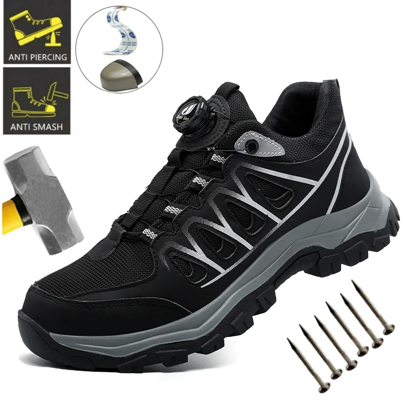 Rotating Button Breathable Work Boots for Men Safety Protective Shoes Anti-Slip Sneaker Steel Toe Protective Shoes