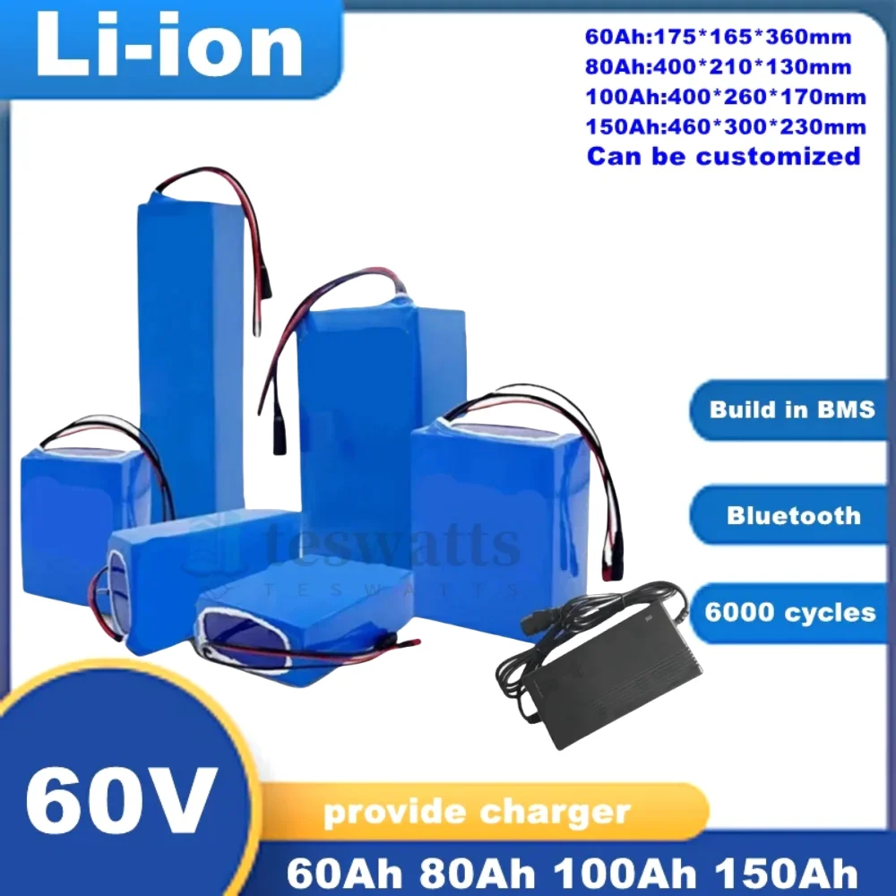 Li-ion 60V High Capacity 60Ah 80Ah 100Ah 150Ah Lithium Battery with Bluetooth BMS for 1000W-6000W Golf Cart Two Wheeler RV