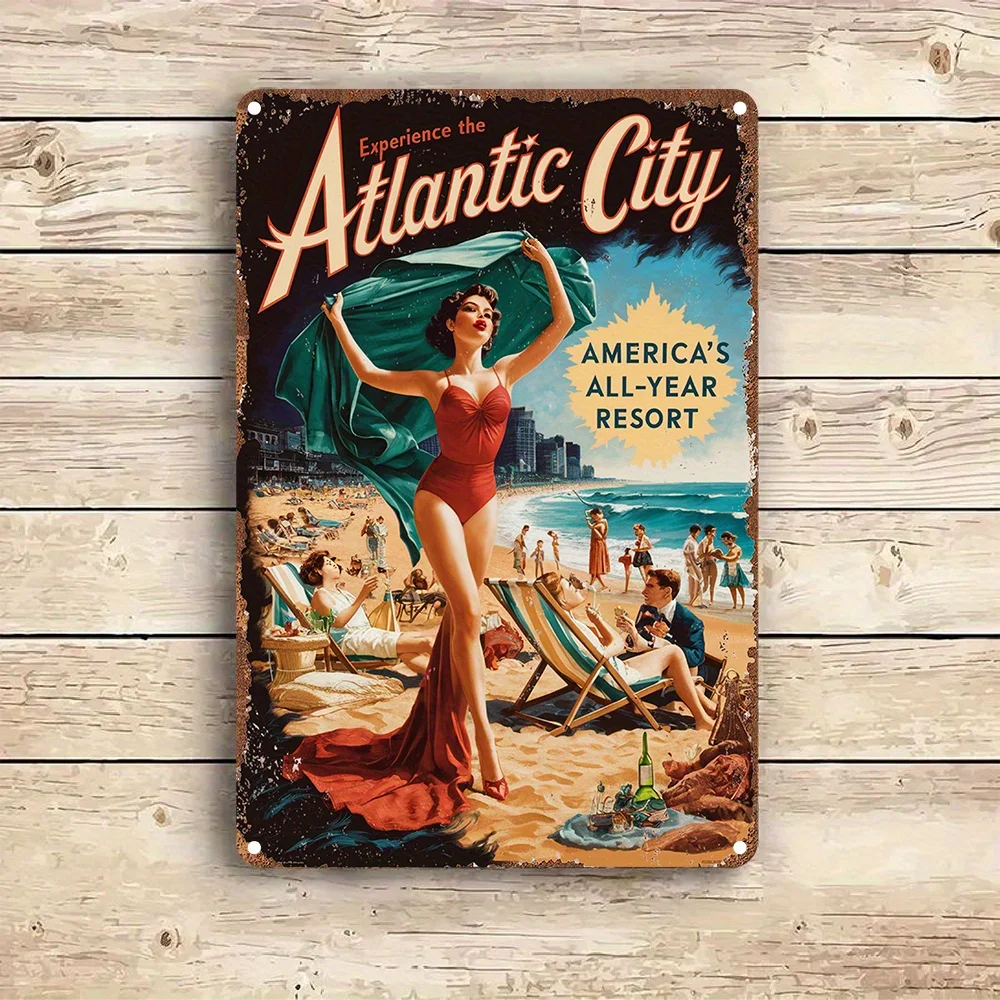 2D Flat - 1pc 12x8inch Aluminum 2D Flat Decorative Sign& Plague Vintage Atlantic City Beach Scene Sign, Art Poster Wall Decor, R