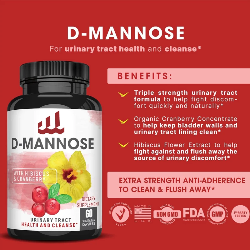 D-mannose 1000mg urinary tract health formula. Organic cranberry powder and hibiscus. Healthy bladder, naturally clean