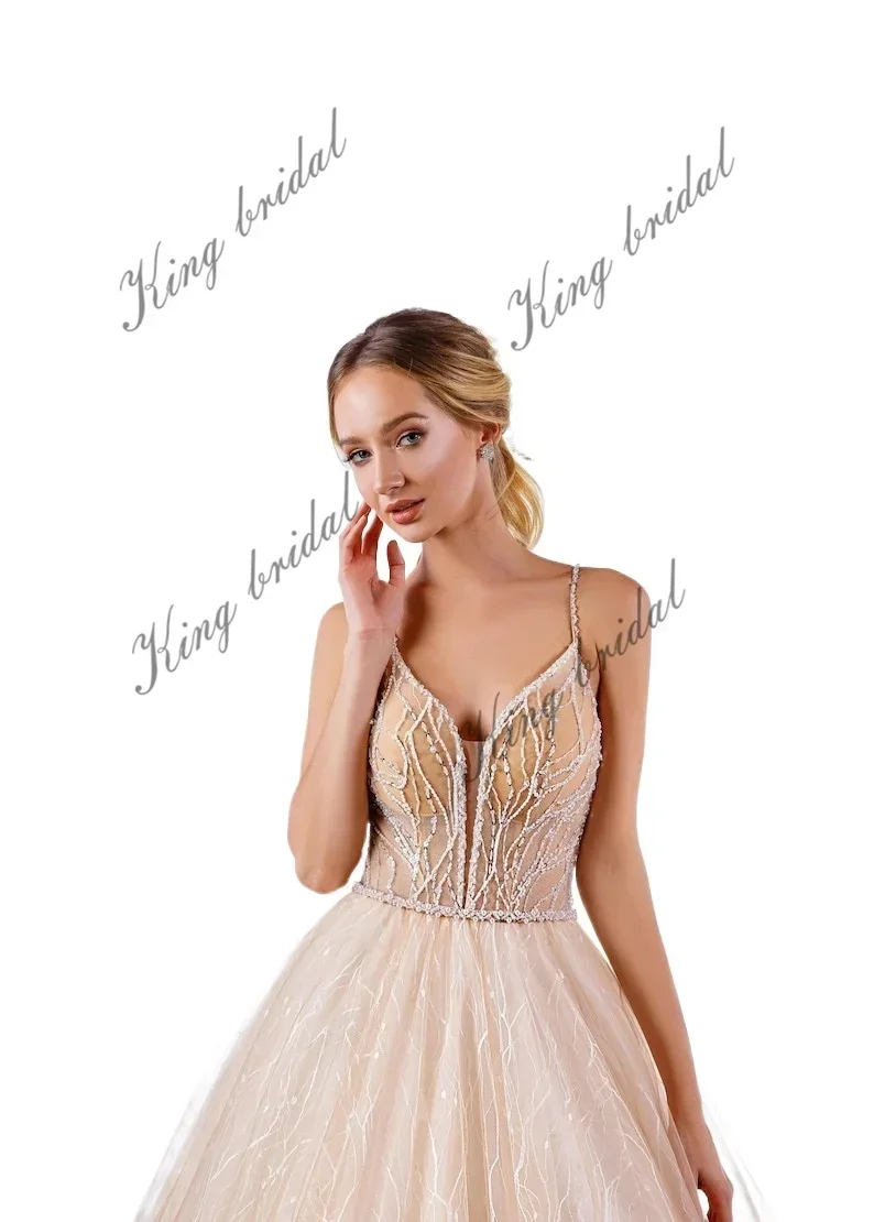 Gaun Pengantin Sederhana Gaun Pengantin Bordir Kristal Gaun Pengantin Model A-Line Berbahan Lace Tanpa Punggung Warna Nude Gaun Pengantin Custom