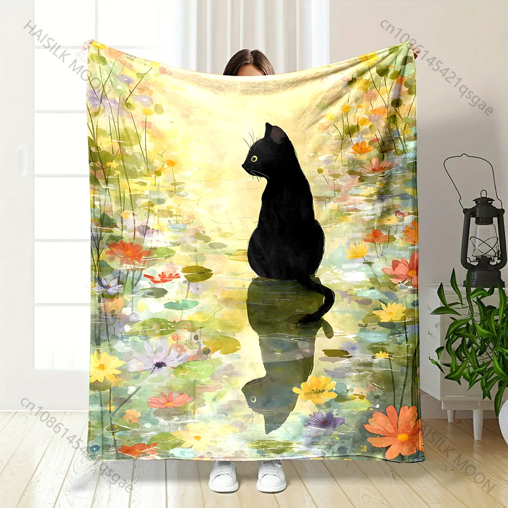 Black cat reflection flower pond dusk Print Blanket Warm Soft Fluffy Kids Adult Sofa Bed Throw Blanket Outdoor Travel Camping