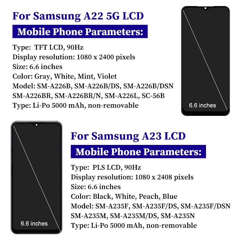 100% Test For Samsung Galaxy A22 5G Display SM-A226B LCD Touch Screen Digitizer For A23 4G A235 LCD A235F/DS Display Replacement