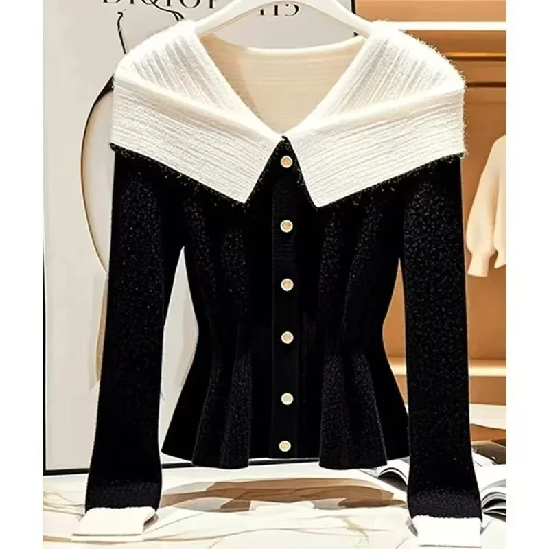 Chic Autumn Vintage Trend Tops Women Clothing Design Knitted Cardigan Slash Neck Slim Coat Soft Wool Sweater Long Sleeve Top