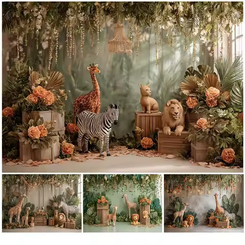 Safari Jungle Animals Backdrop Wild One Wildlife Giraffe Lion Tropical Leaf Flower Indoor Kids Portrait Photography Background